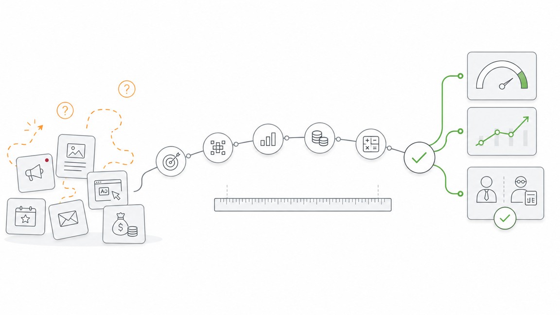 Minimalistische Illustration zur Verbindung von Marketingaktivitäten, ROI-Nachweis und Management-Entscheidungen.