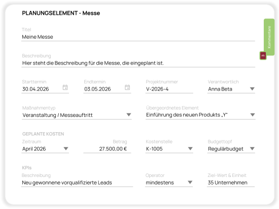 Eingabemaske zur Planung einer Messe