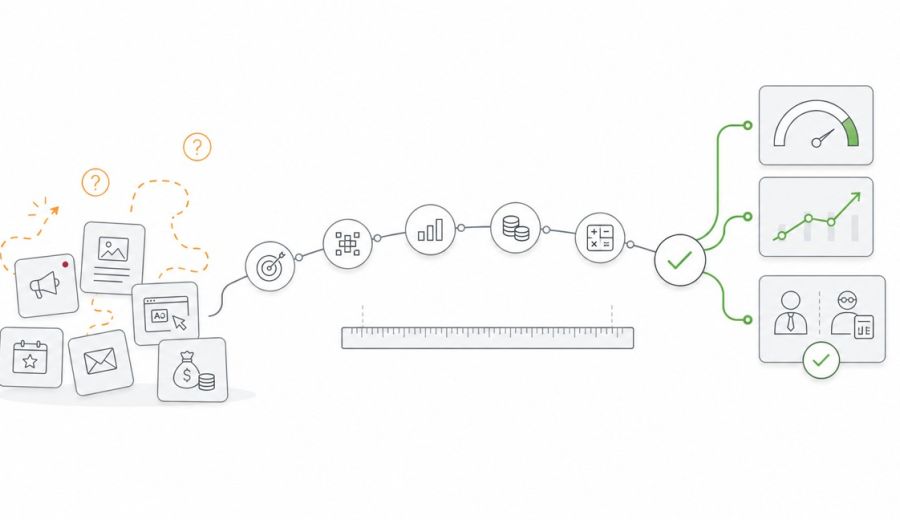 Minimalistische Illustration zur Verbindung von Marketingaktivitäten, ROI-Nachweis und Management-Entscheidungen.